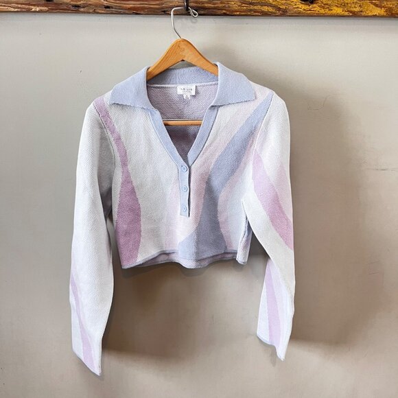 Le Lis Pastel Abstract Long Sleeve Collar‎ Crop Sweater S Acrylic/Cotton - Picture 1 of 5